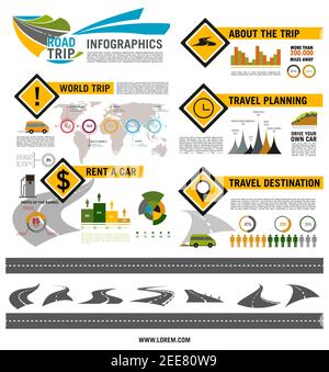 Road trip infographic template. Road travel destination chart, car tourism world map, travel planning tips diagram and rental cost of car statistic gr Stock Vector