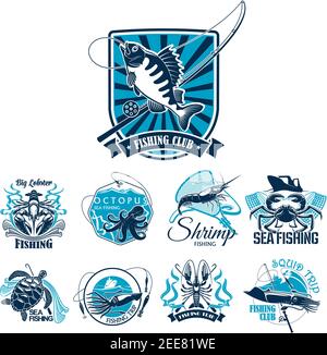 Fishing sport club and sea fishing trip badge set. Ocean fish, crab, shrimp, lobster, squid and sea turtle icon with fishing boat, net and tackle on h Stock Vector