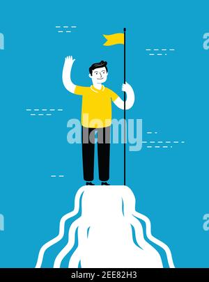 Businessman with flag on mountain peak. Business success concept vector illustration Stock Vector