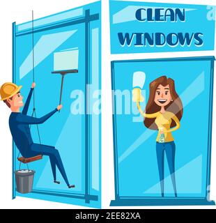 Window cleaning icon set. Window cleaner in uniform cleaning office window with squeegee and woman washing house window with spray and sponge. Houseke Stock Vector