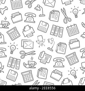 Office supplies and business work stationery seamless pattern. Vector calculator, file folders, lamp and coffee cup with croissant on table desk, phon Stock Vector
