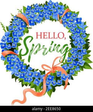 Hello Spring greeting card of crocus blue flowers wreath and pink springtime ribbon. Vector design of floral bunch bouquet element for spring holiday Stock Vector