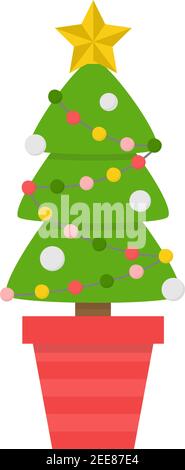 Christmas tree vector illustration. Festive, seasonal, holiday cute xmas decorated tree with lights and ornaments in red pot. Isolated cartoon graphic Stock Vector