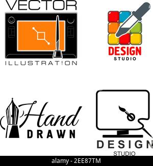 Design vector icons for graphic design and illustration school. Art production agency or designer service company symbols of artist palette and paint Stock Vector