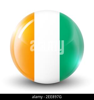 Glass light ball with flag of Cote d’Ivoire. Round sphere, template icon. National symbol. Glossy realistic ball, 3D abstract vector illustration Stock Vector