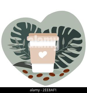 Vector illustration of take-out coffee and coffee beans with leaves composition. Design for cafeteria, posters, cards. Stock Vector