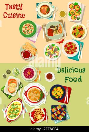 French, mexican, russian cuisine dishes icon set of fish snack with salmon, herring and cod, burrito, salads with vegetable, meat, fish, cheese, veget Stock Vector