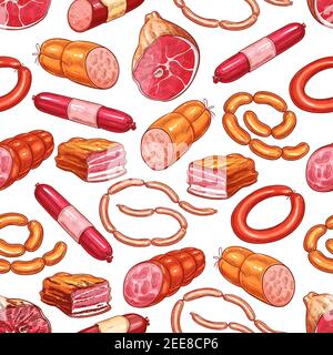 Meat products and butchery delicatessen seamless pattern. Vector ham or bacon brisket, butcher shop frankfurter or saveloy sausages and cervelat, gour Stock Vector