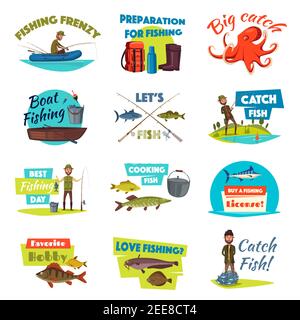 Fishing isolated cartoon icon set. Boat and bank fishing symbol of fisherman with spinning rod and net with fresh caught marlin, pike, salmon and perc Stock Vector