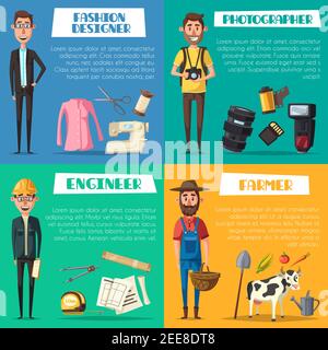 Professions of engineer, farmer, fashion designer and photographer. Vector ruler and measure tape, camera flash and film, dressmaker scissors and sewi Stock Vector