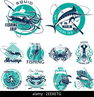 Fishing trip vector icons for fisherman adventure club. Isolated symbols of big fish catch, fisher tackles and seafood crab lobster or squid, tuna or Stock Vector