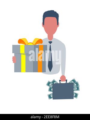 Businessman or clerk holding a suitcase with money and a gift box. Male character in simple style with objects, flat vector illustration. Business Stock Vector