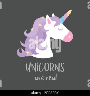 Unicorns are real quote, vector illustration icon. Cute colorful unicorn graphic print isolated on grey background. Stock Vector