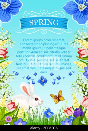Spring time vector poster with greetings. Design of springtime flowers and floral bouquets of blooming crocuses, tulips and daffodils, butterflies and Stock Vector