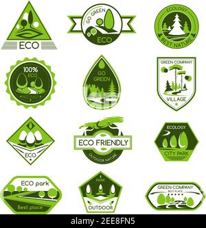 Eco nature and green environment vector icons for ecology and gardening company. Symbols set of forest trees, garden parks and parklands or woodlands Stock Vector