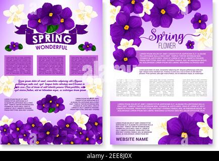 Spring flowers vector posters for springtime holiday greeting design of violet bunches and blooming wreath of crocuses, flourish cherry blossom of orc Stock Vector
