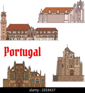 Portuguese travel landmarks of religious architecture thin line icon set. Roman Catholic Convent of Christ, Cathedral of Aveiro, Church in Mertola, Mo Stock Vector