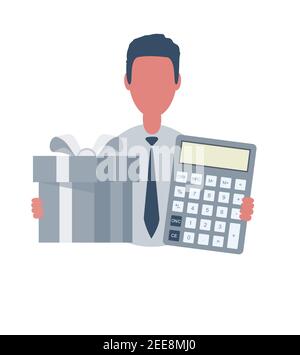 Businessman or clerk holding a calculator and a gift box. Male character in simple style with objects, flat vector illustration. Isolated on white Stock Vector