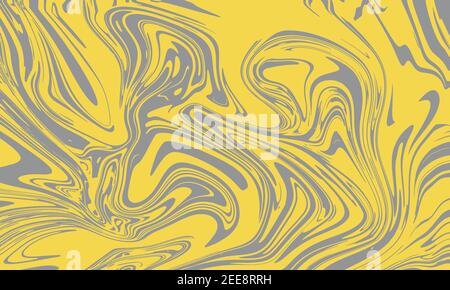 Abstract modern fluid liquid background. Marble texture in grey and yellow colors of 2021 year. Stock Vector