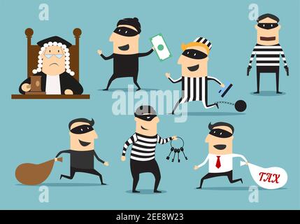 Crime and punishment. Vector thief man characters and judge with gavel for theft or robbery concept. Set of robber burglars with guns in masks stealin Stock Vector