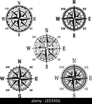 Navigation marine compass or Wind Rose vector icons. Isolated symbols set of nautical retro navigator compass with winds names of East, West, North an Stock Vector