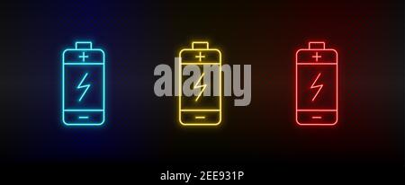 Neon icon set battery. Set of red, blue, yellow neon vector icon Stock Vector