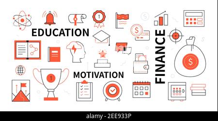 Education, finance and motivation - line design style icons. Linear images of essential business, management, educational metaphors. Award, target, bo Stock Vector