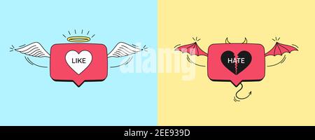 Cartoon bubble notifications with text Like and Hate for social media. Flying Angel bubble notice with nimbus and wings, flying Devil bubble notice wi Stock Vector