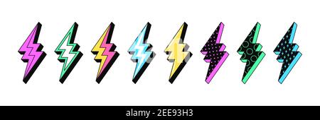 Isolated Lightning bolt signs. 5st set of flash thunderbolts with texture for zine retro culture and crazy futuristic design. Electric voltage, energy Stock Vector