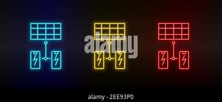 Neon icon set solar, battery. Set of red, blue, yellow neon vector icon Stock Vector