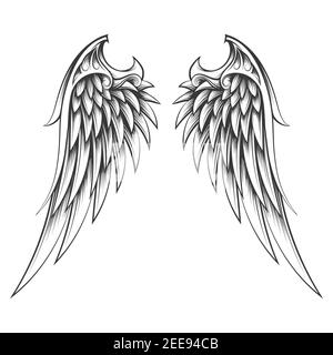 Tattoo of Wings Drawn in engraving Style on white background. Vector illustration. Stock Vector