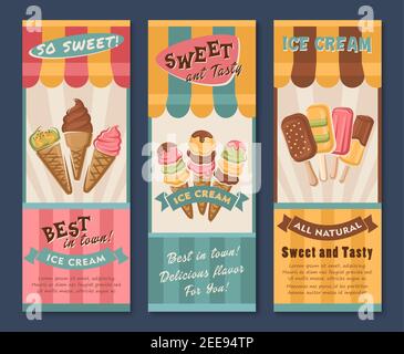 Ice cream vector banners for dessert cafe or gelateria. Design of tasty fruit ice, mint and strawberry soft ice in scoops, frozen juice and sundae in Stock Vector