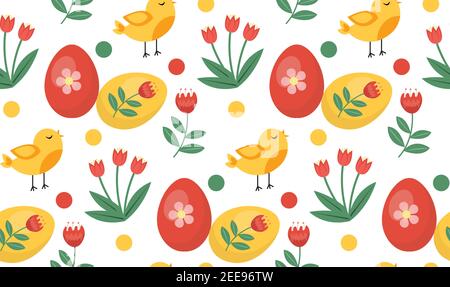 Vector seamless spring pattern with birds and plants. Easter pattern. cartoon bunnies Stock Vector