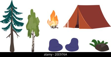 Set of forest recreation or picnic icons with tent, fire and trees Stock Vector