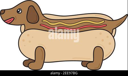 Cute hot dog vector illustration. Hand drawn outlined dachshund in hot dog bun with ketchup and mustard, sticking his tongue out. Isolated. Stock Vector