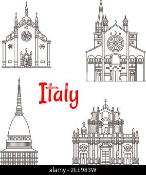 Italy landmark buildings and Italian famous architecture facades. Vector isolated icons of Mole Antonelliana in Turin, Frari Church in Venice, Santa A Stock Vector