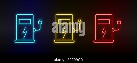 Neon icon set refill, charge, eco. Set of red, blue, yellow neon vector icon Stock Vector