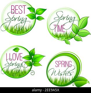 Welcome Spring quotes design on isolated springtime green icons. Floral blooming bunches with leaves and grass field or lawn for spring holidays seaso Stock Vector