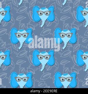 Seamless pattern with cute blue elephant face in sunglasses on floral background. Vector flat animals colorful illustration for kids. Adorable cartoon Stock Vector