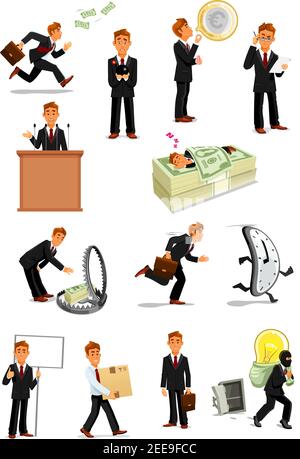 Businessman cartoon character set. Manager with money, euro currency bubble, sign board, briefcase, reading, making speech, stealing idea, carrying bo Stock Vector