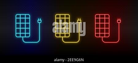 Neon icon set solar, charger. Set of red, blue, yellow neon vector icon Stock Vector