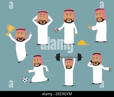 Arab businessman in different poses set. Saudi arabian man talking by mobile phone, playing football, searching success with compass, standing with mo Stock Vector