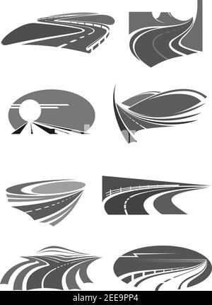 Road and highways with bridges and tunnels vector icons for travel or safety highway construction company. Isolated symbols of motorways path and curv Stock Vector