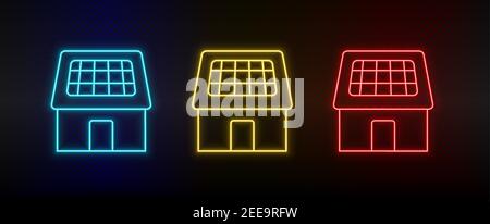 Neon icon set solar, home, charger. Set of red, blue, yellow neon vector icon Stock Vector