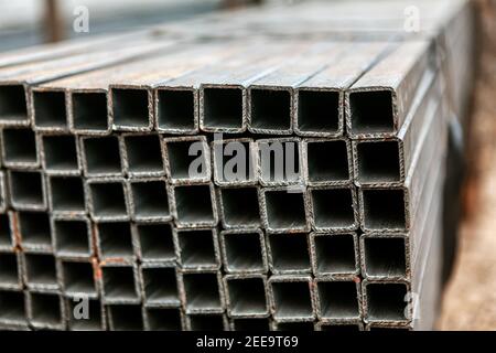 Hot Rolled Steel Square Tubes . Heavy Industry Stock Photo