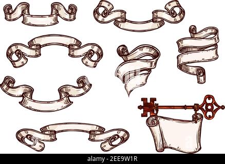 Old retro paper scrolls or manuscript banners vector heraldic icons set. Symbols of ancient paper ribbons crest for heraldry design element of shield Stock Vector