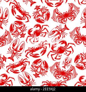 Seafood fishing seamless pattern. Vector fisherman catch of ocean lobster or crab and sea crayfish or shellfish prawn with fisher tackle of net. Desig Stock Vector