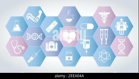 Composition of blue and pink hexagons with a group icons of stethoscope, heart, x-ray, crutches, pill, syringe on white. Vector image Stock Vector
