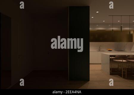 Realistic 3D computer visualization of the interior of the kitchen and hall in a modern style Stock Photo