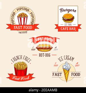 Fast food restaurant vector icons set. Isolated symbols of popcorn bucket and burger or cheeseburger, hot dog and french fries, ice cream dessert for Stock Vector
